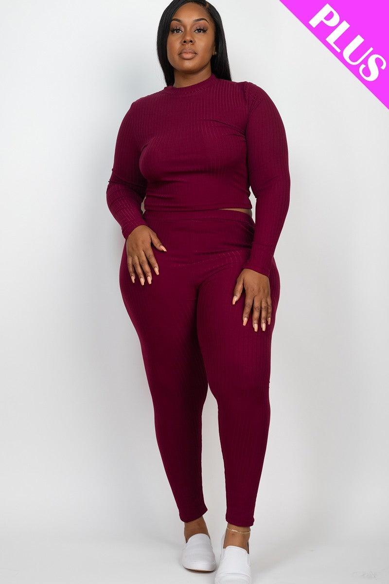 Plus Burgundy Ribbed Mock Neck Long Sleeve Top & Leggings Set