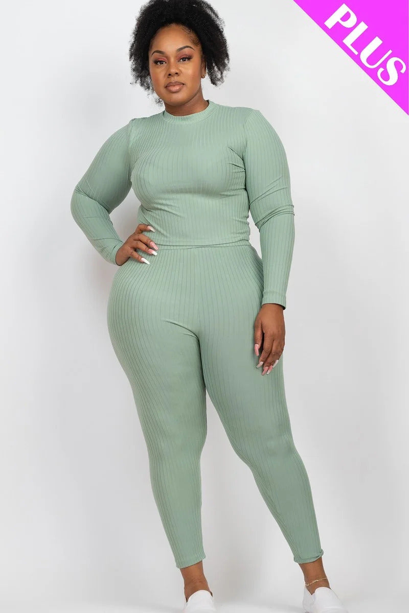 Plus Green Bay Ribbed Mock Neck Long Sleeve Top & Leggings Set