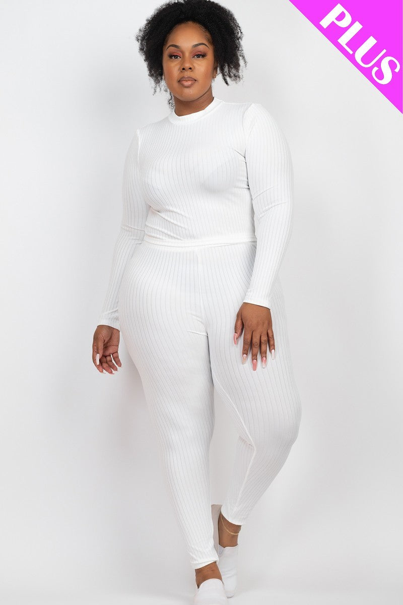 Plus White Ribbed Mock Neck Long Sleeve Top & Leggings Set