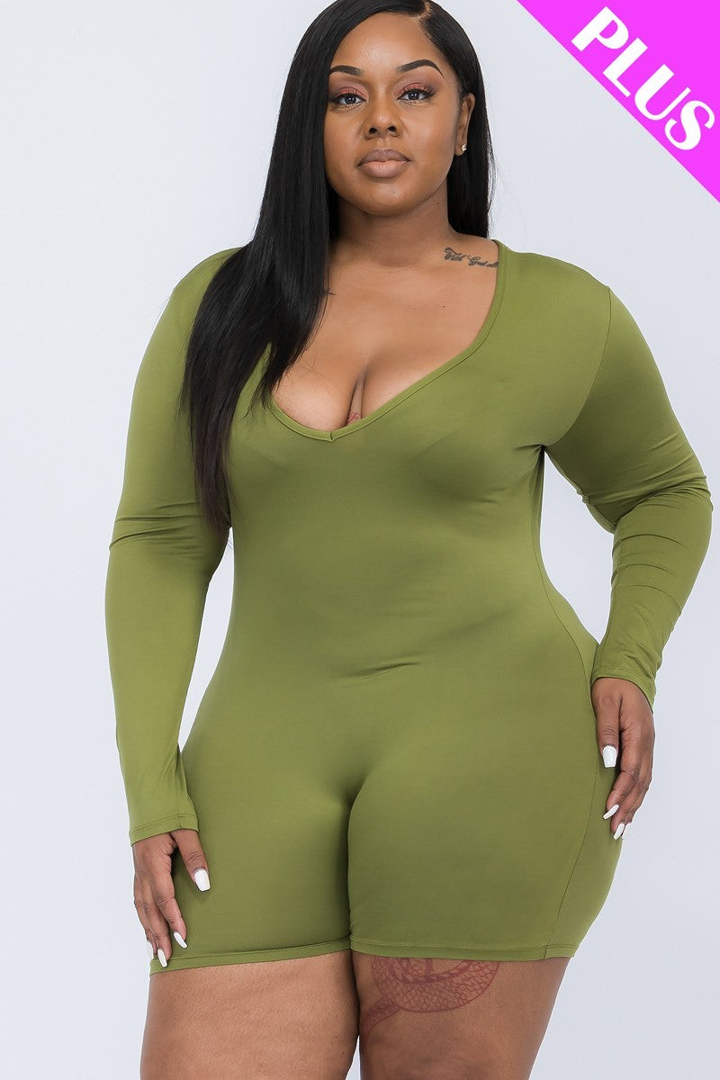 Plus Olive Branch V-Neck Long Sleeve Bodycon Romper