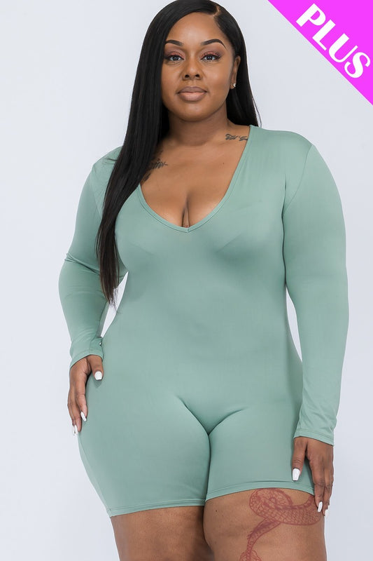 Plus Green Bay V-Neck Long Sleeve Bodycon Romper