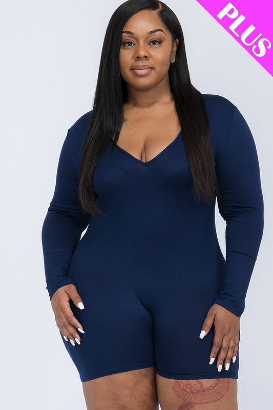 Plus Navy V-Neck Long Sleeve Bodycon Romper