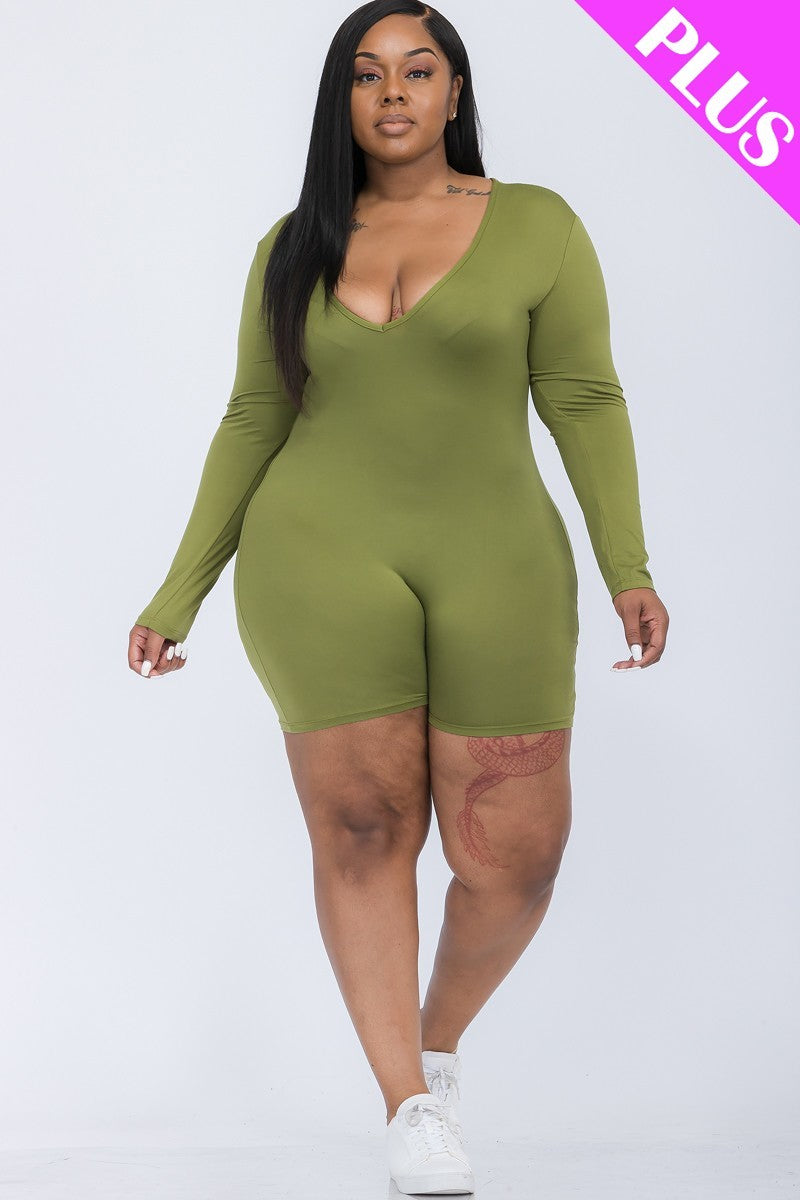 Plus Olive Branch V-Neck Long Sleeve Bodycon Romper