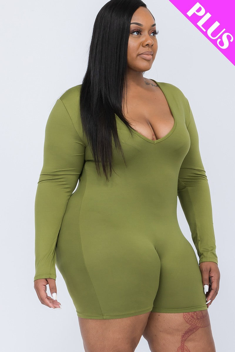 Plus Olive Branch V-Neck Long Sleeve Bodycon Romper