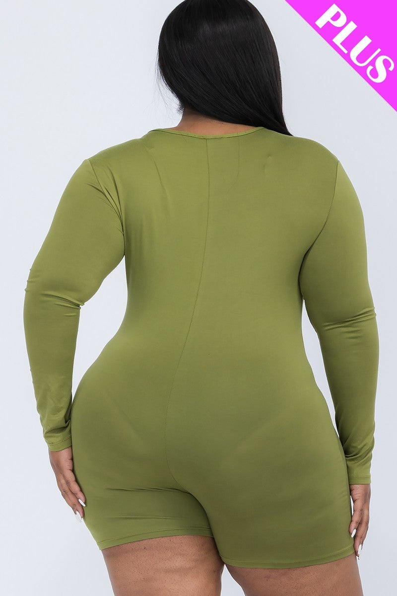 Plus Olive Branch V-Neck Long Sleeve Bodycon Romper