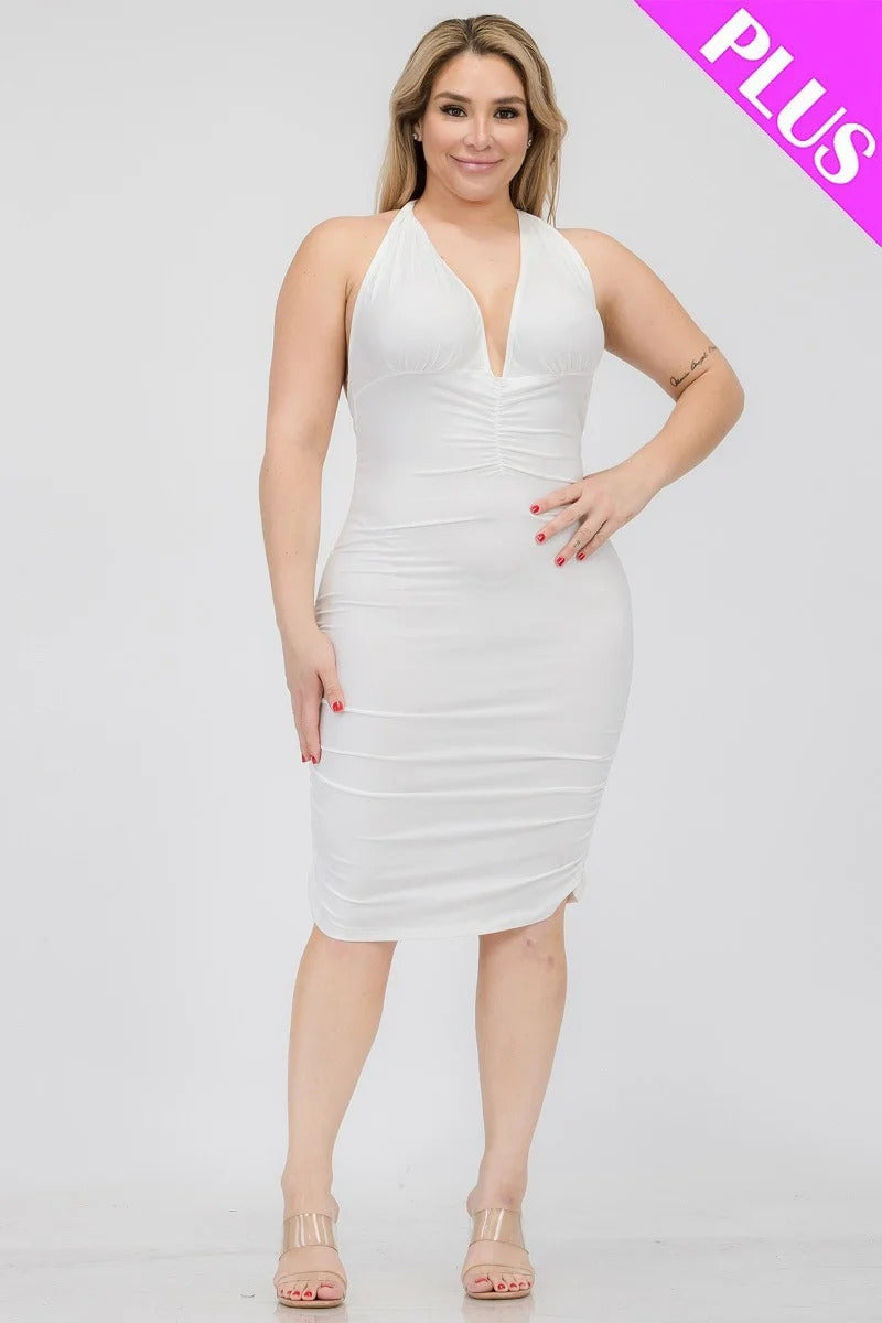 Plus White Plunging Neck Criss Cross Back Ruched Bodycon Mini Dress