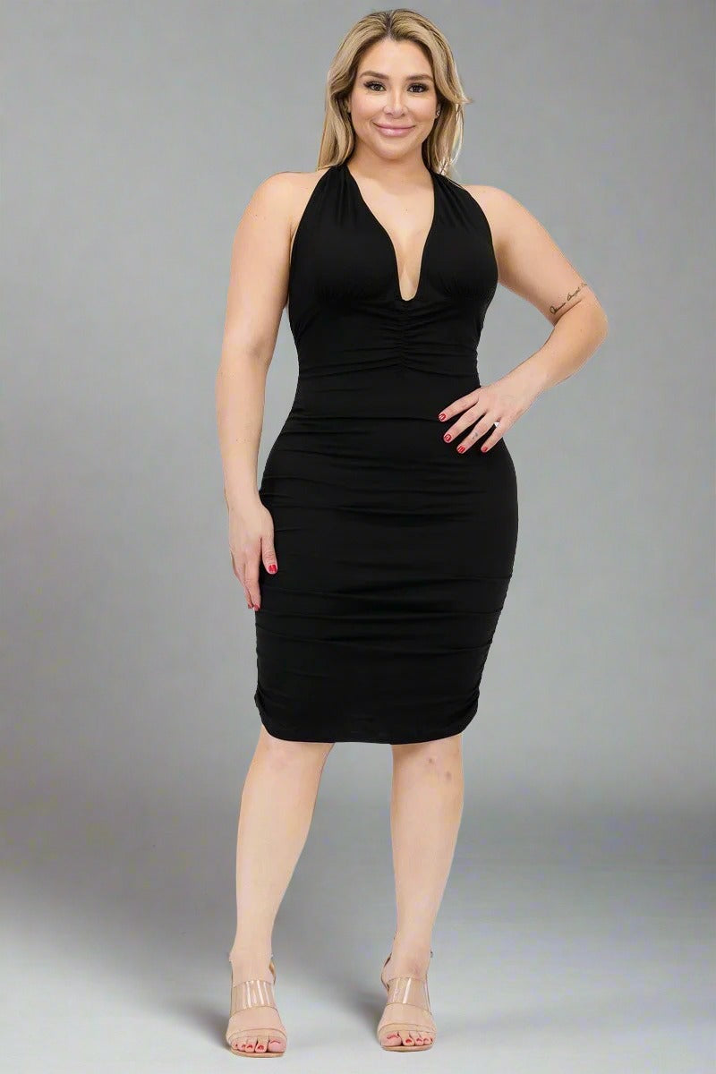 Plus Black Plunging Neck Criss Cross Back Ruched Bodycon Mini Dress