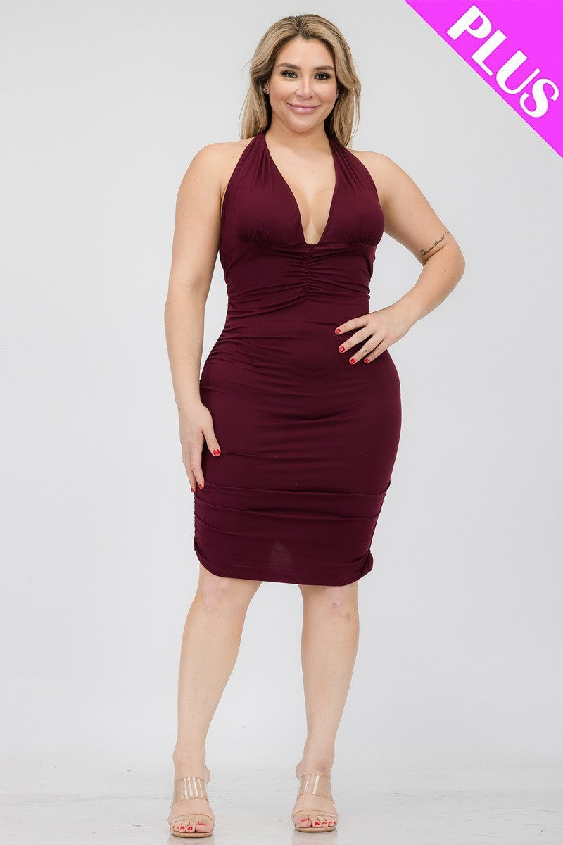 Plus Burgundy Plunging Neck Criss Cross Back Ruched Bodycon Mini Dress