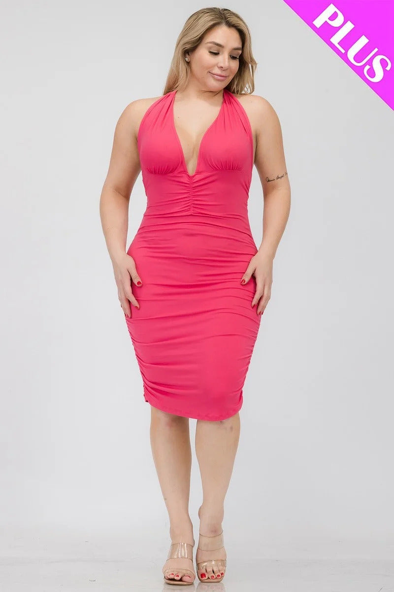 Plus Fuchsia Plunging Neck Criss Cross Back Ruched Bodycon Mini Dress