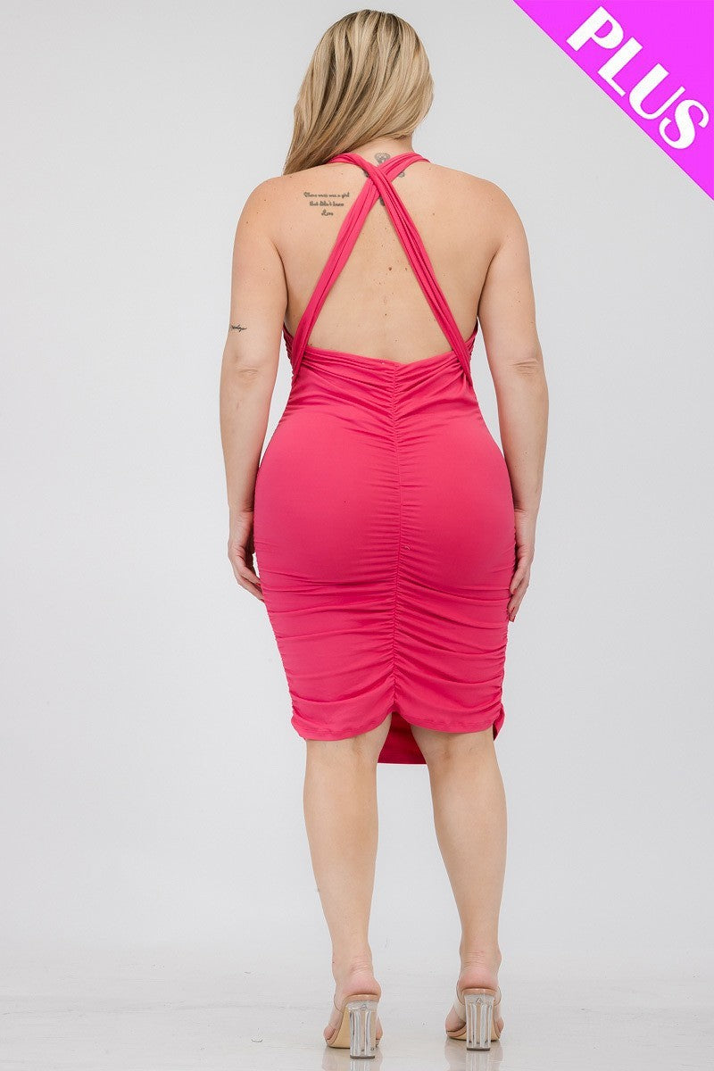 Plus Fuchsia Plunging Neck Criss Cross Back Ruched Bodycon Mini Dress