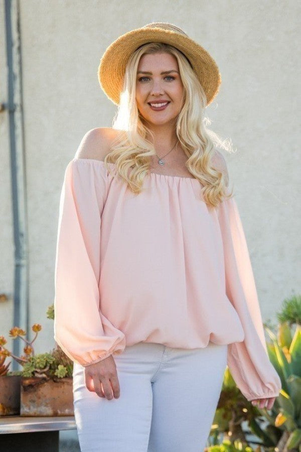 Plus Rose Off Shoulder Long Bubble Sleeve Solid Top