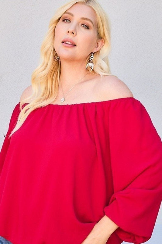 Plus Burgundy Off Shoulder Long Bubble Sleeve Solid Top