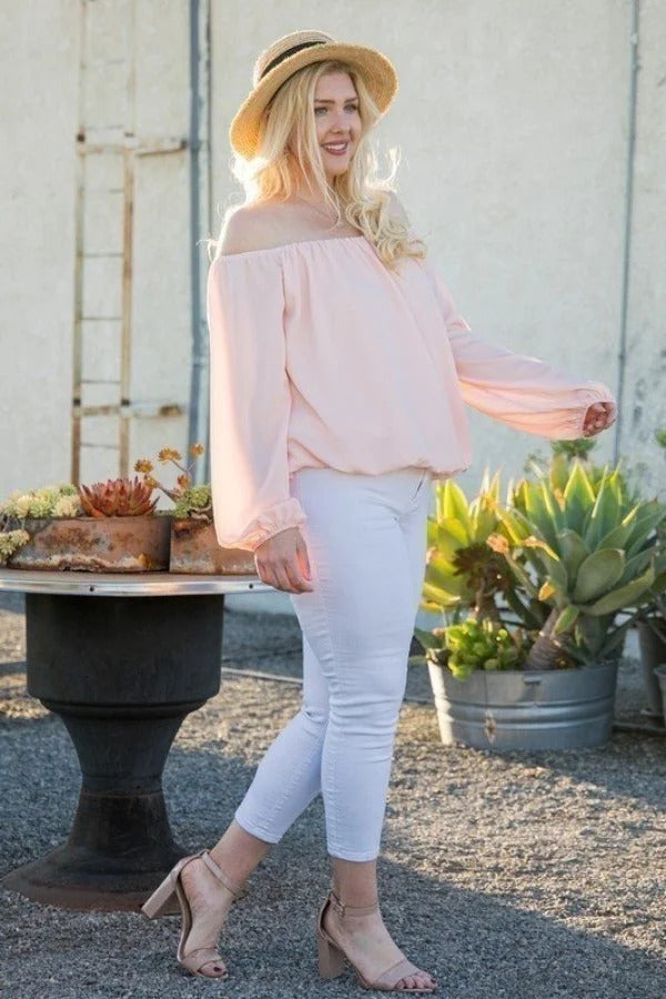 Plus Rose Off Shoulder Long Bubble Sleeve Solid Top