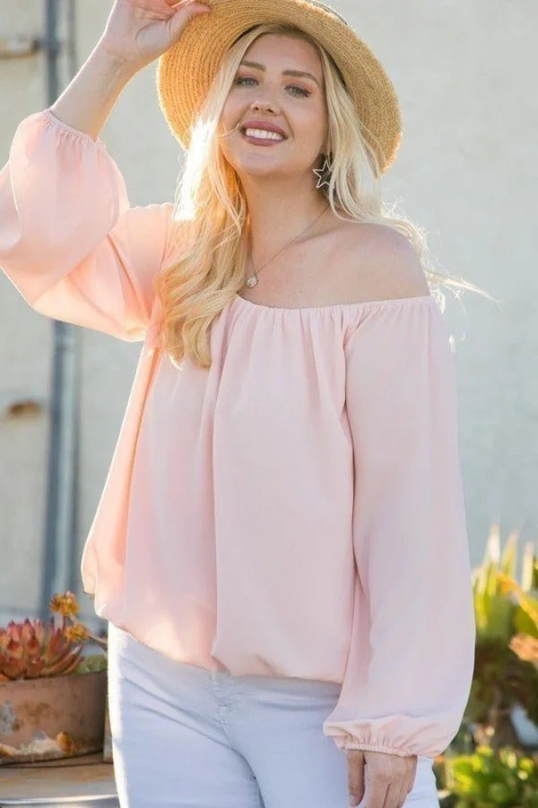 Plus Rose Off Shoulder Long Bubble Sleeve Solid Top