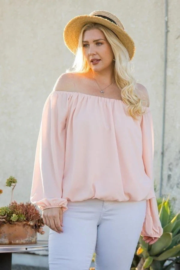 Plus Rose Off Shoulder Long Bubble Sleeve Solid Top