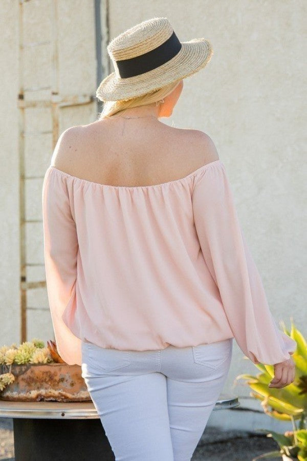 Plus Rose Off Shoulder Long Bubble Sleeve Solid Top