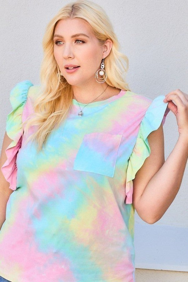 Plus Multi-Color Tie Dye Knit Top, Round Neck, Ruffle Sleeves, Pocket