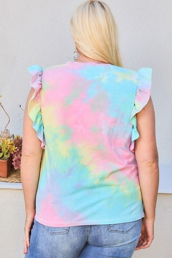 Plus Multi-Color Tie Dye Knit Top, Round Neck, Ruffle Sleeves, Pocket