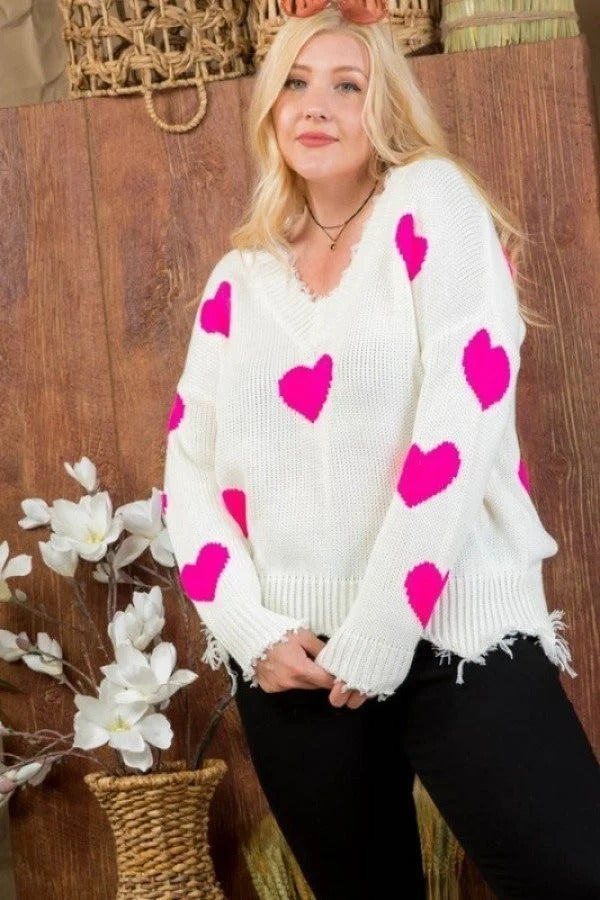 Plus Neon Fuchsia Sweater with Heart Print, Distressed V-Neck