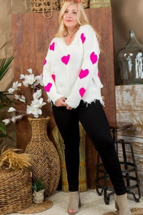 Plus Neon Fuchsia Sweater with Heart Print, Distressed V-Neck