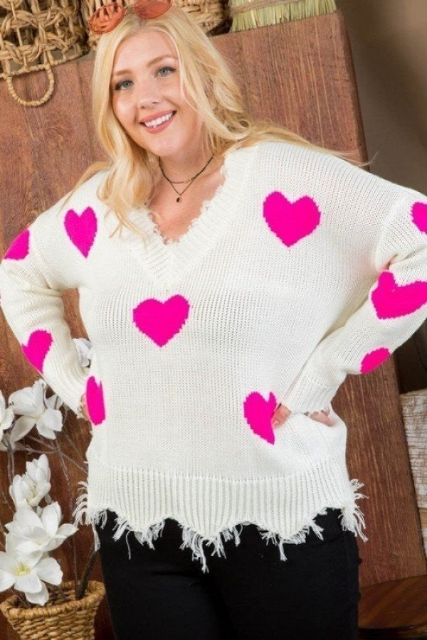 Plus Neon Fuchsia Sweater with Heart Print, Distressed V-Neck