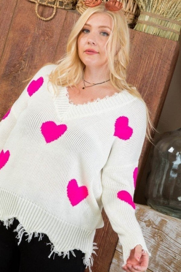 Plus Neon Fuchsia Sweater with Heart Print, Distressed V-Neck