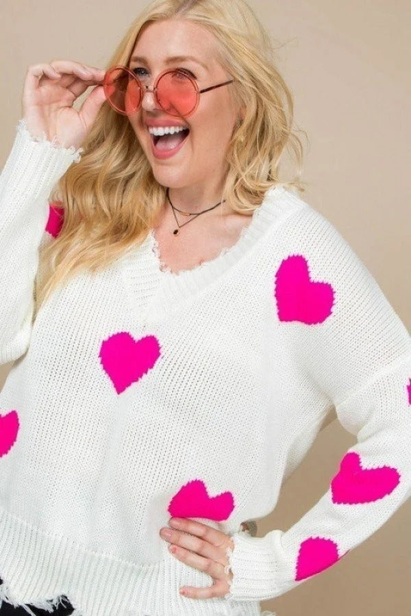 Plus Neon Fuchsia Sweater with Heart Print, Distressed V-Neck