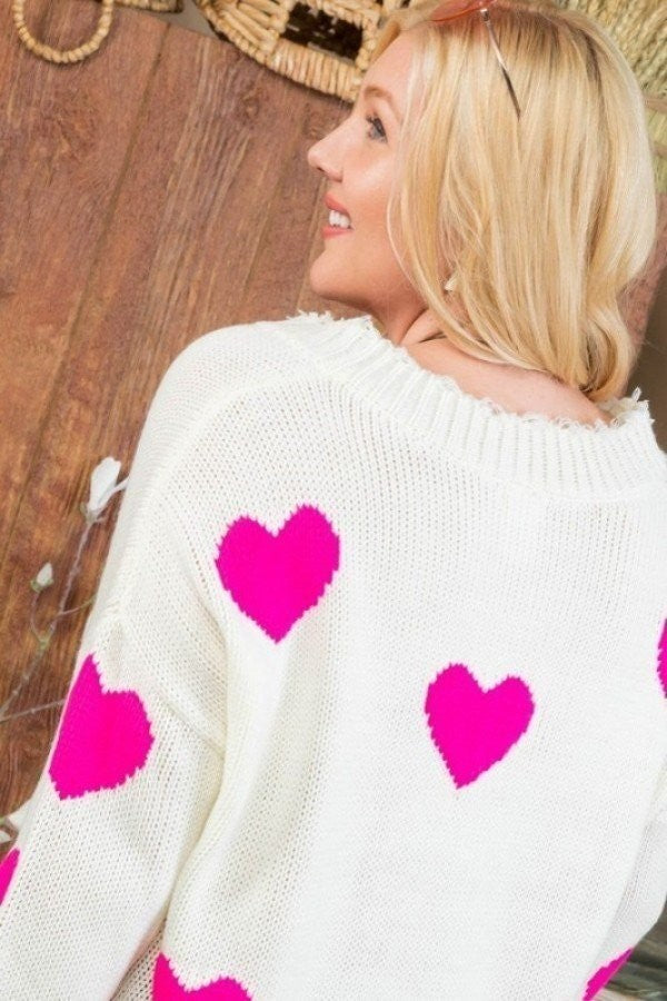 Plus Neon Fuchsia Sweater with Heart Print, Distressed V-Neck