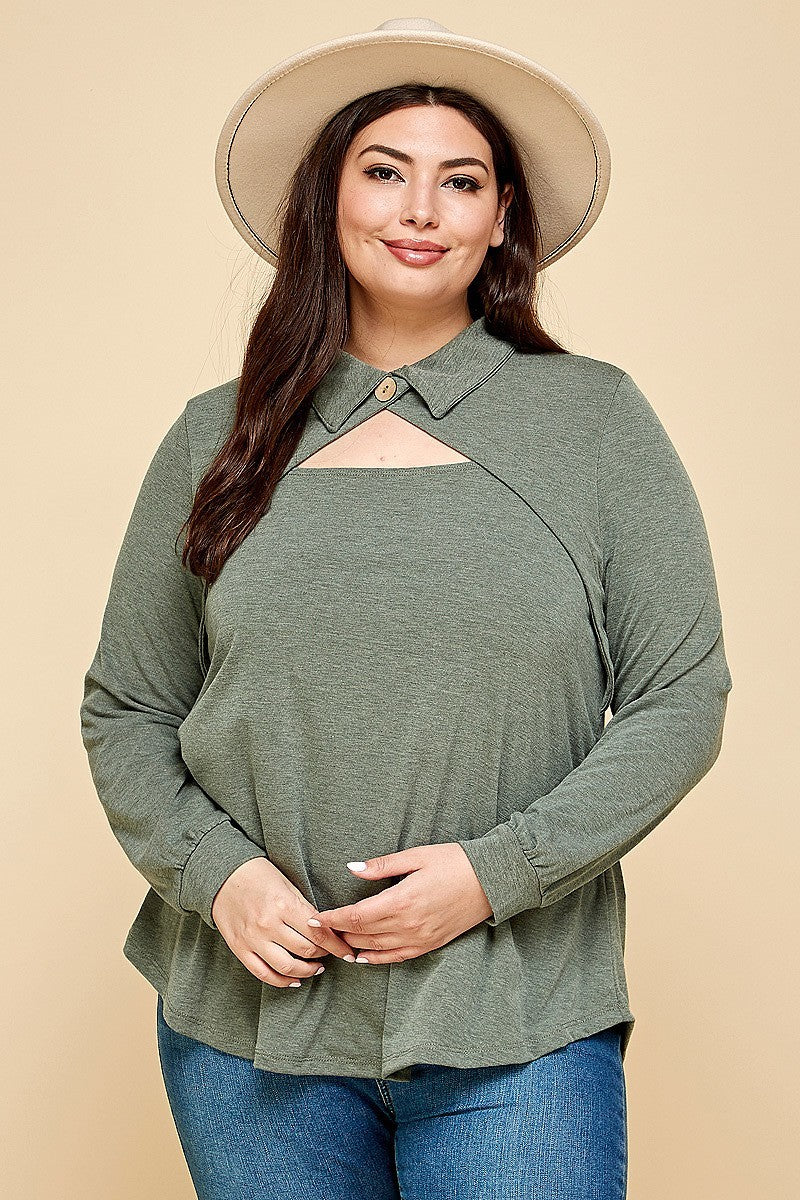 Plus Olive Solid Long Sleeve Fashion Top