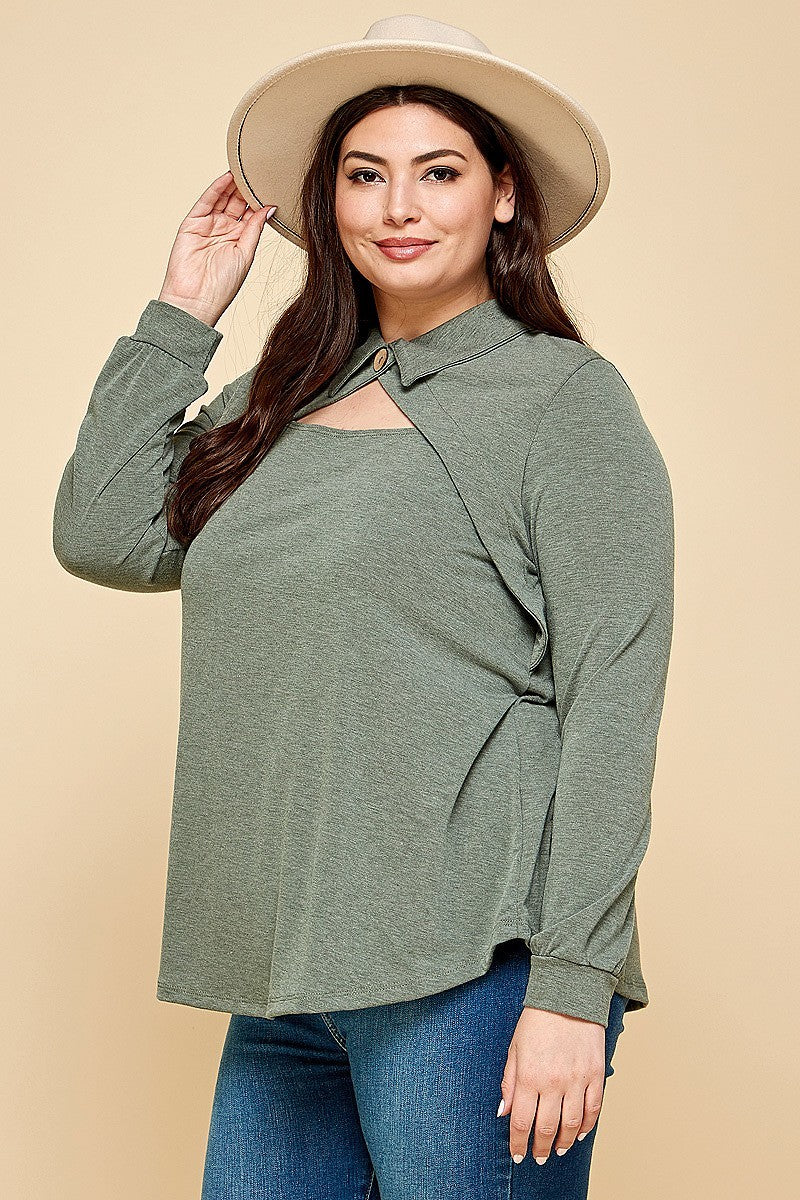 Plus Olive Solid Long Sleeve Fashion Top