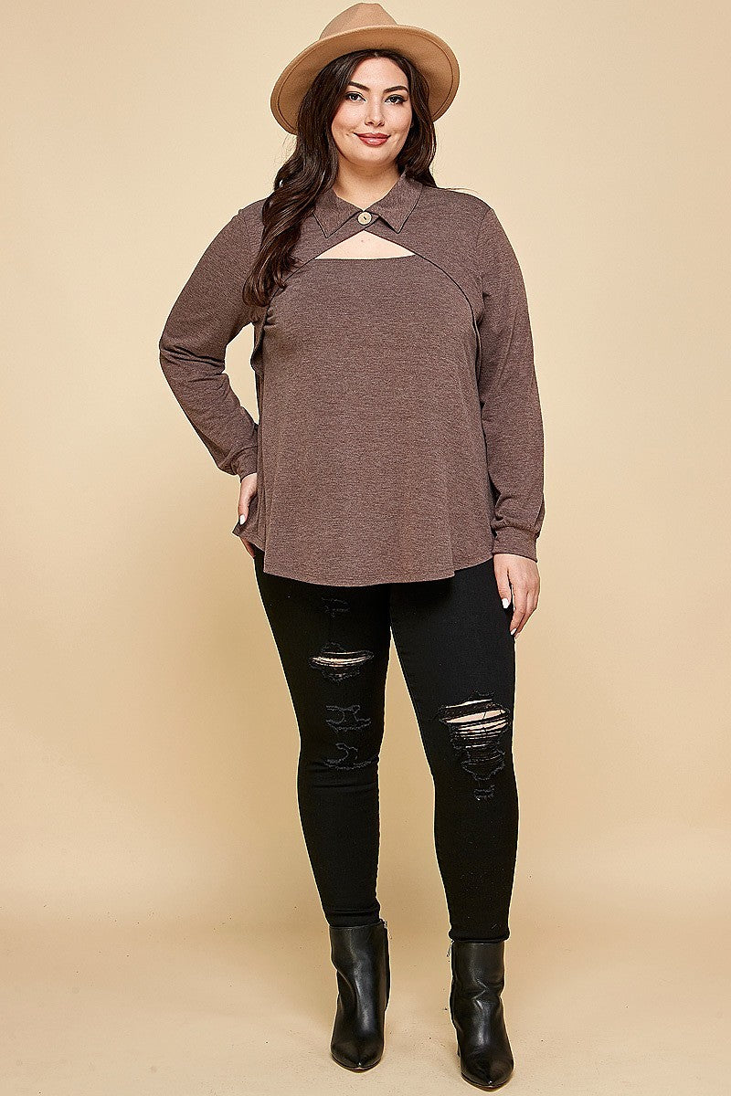 Plus Brown Solid Long Sleeve Fashion Top