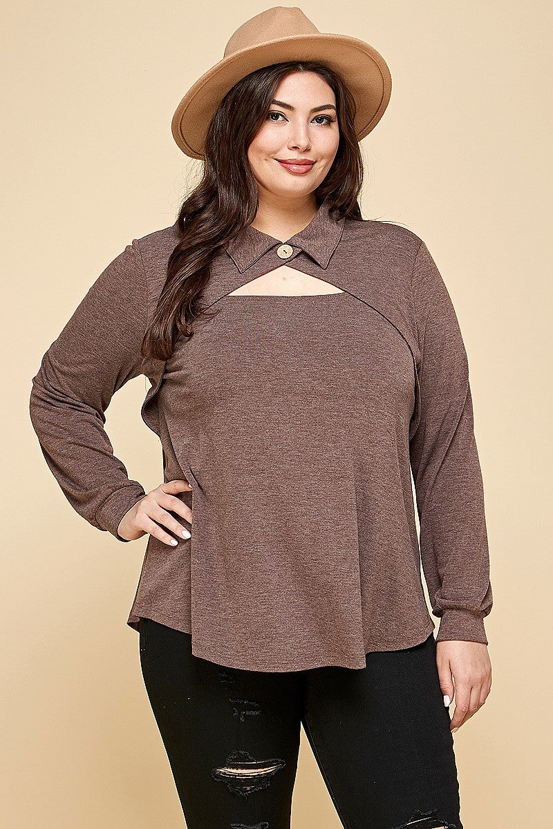 Plus Brown Solid Long Sleeve Fashion Top