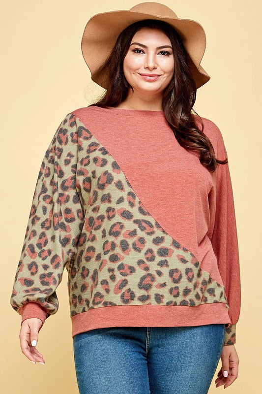 Plus Rust Animal French Terry Brush Contrast Pullover