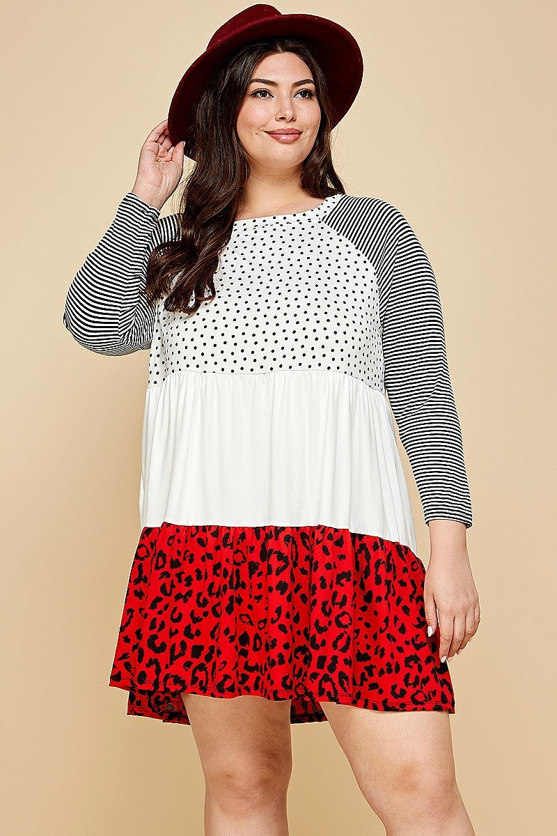 Plus Red Polka Dot and Animal Print Contrast Swing Tiered Dress