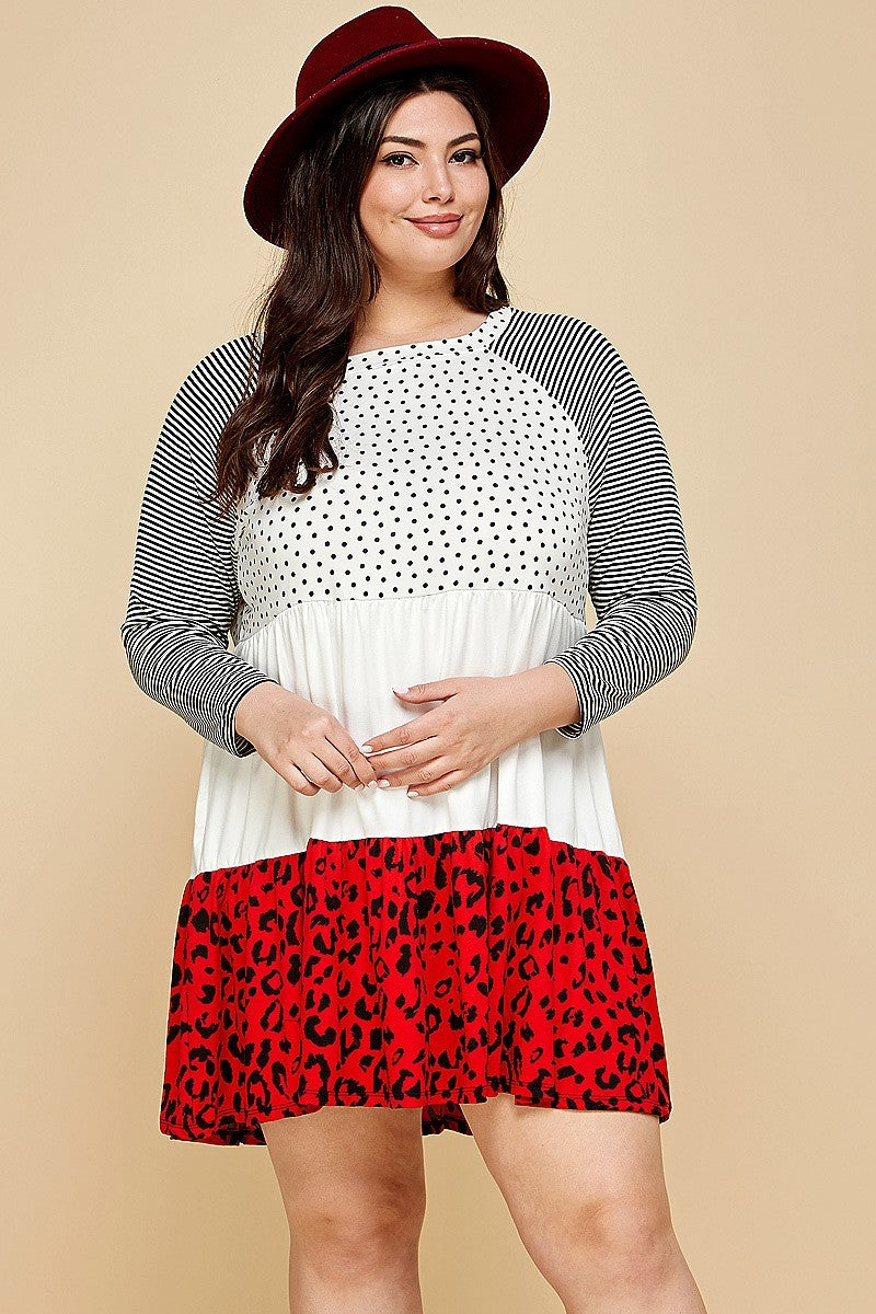 Plus Red Polka Dot and Animal Print Contrast Swing Tiered Dress