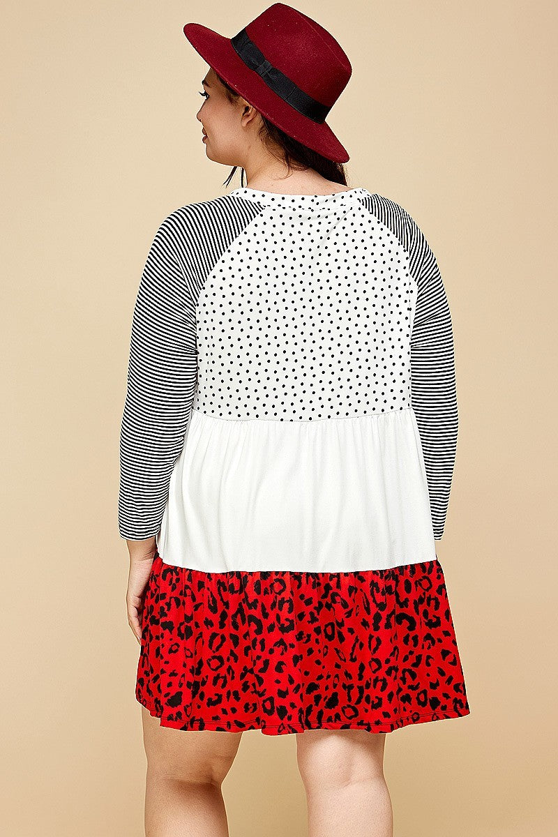 Plus Red Polka Dot and Animal Print Contrast Swing Tiered Dress