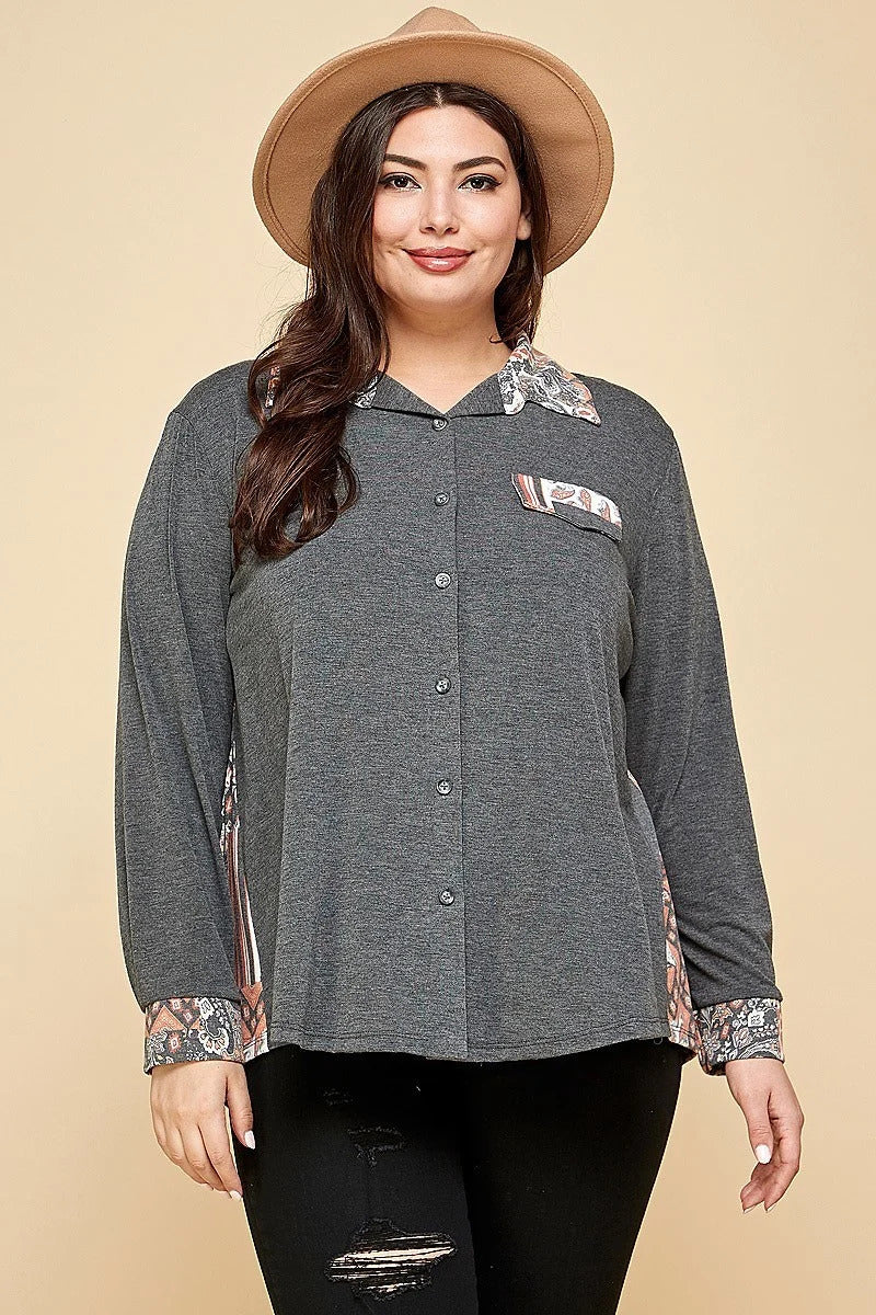 Plus Charcoal Printed Patchwork Contrast Button Up Shirt