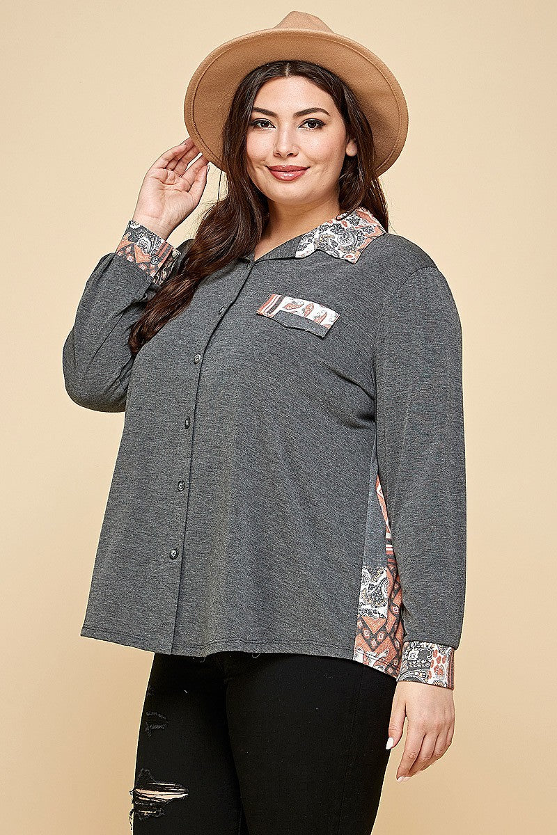 Plus Charcoal Printed Patchwork Contrast Button Up Shirt