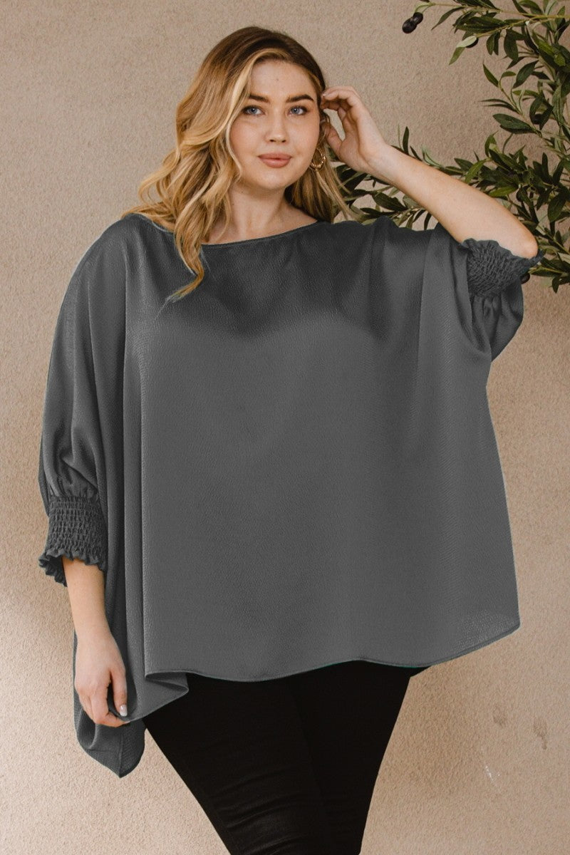 Plus Charcoal Ember Jacquard Oversized Blouse, Solid Woven Boatneck