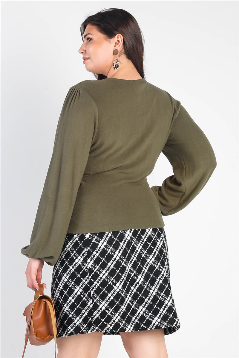 Plus Olive Flannel V-neck Long Sleeve Top