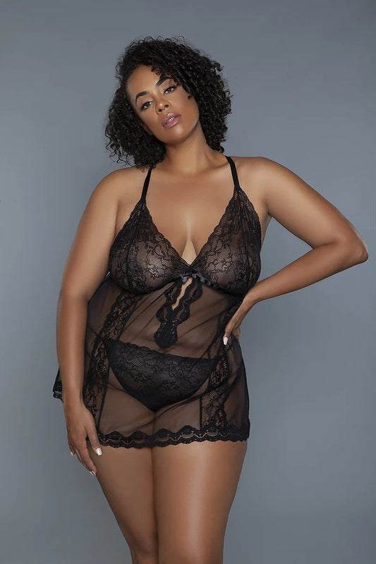 Plus 2 Piece Black Babydoll: Unlined lace cups, sheer mesh, lace front panels, ribbon tie, crossback, 100% polyester, includes lace thong.