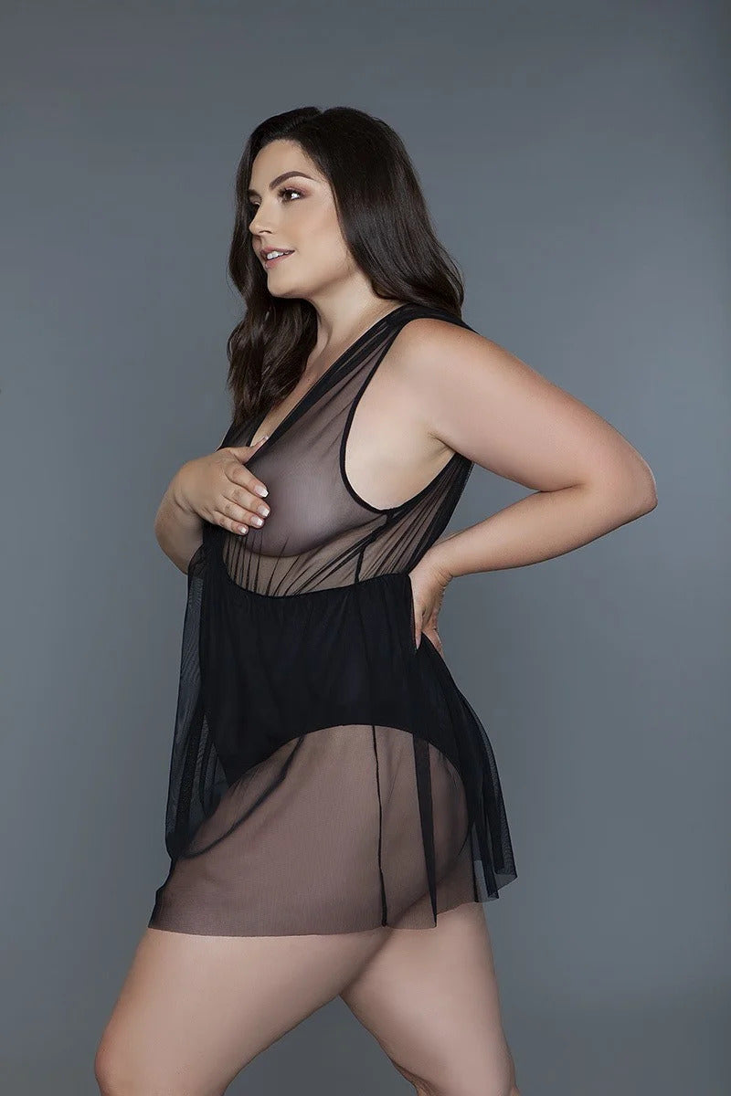 Plus Black 1 Piece Deep V-Neck Mesh Babydoll