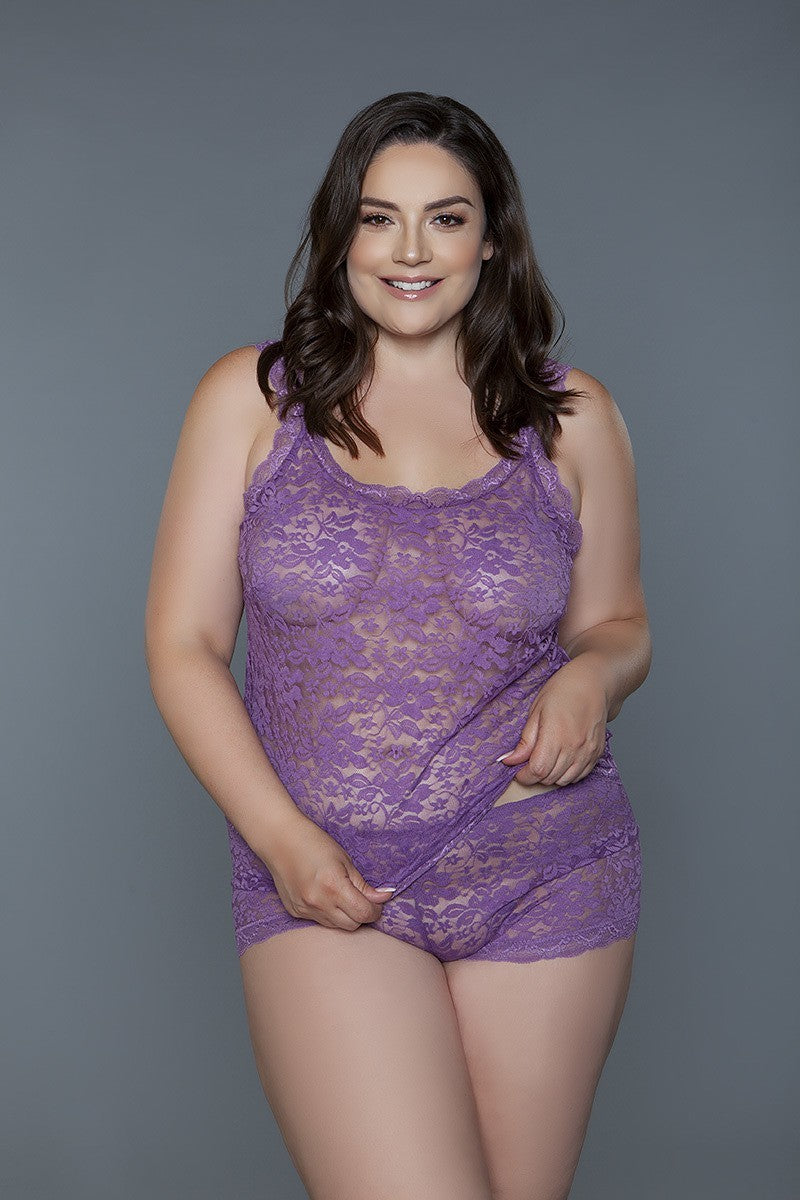 Plus Purple 2 Piece Tank Set: All-body floral lace design, adjustable straps, soft 90% nylon, 10% spandex blend, with matching lace shorts.