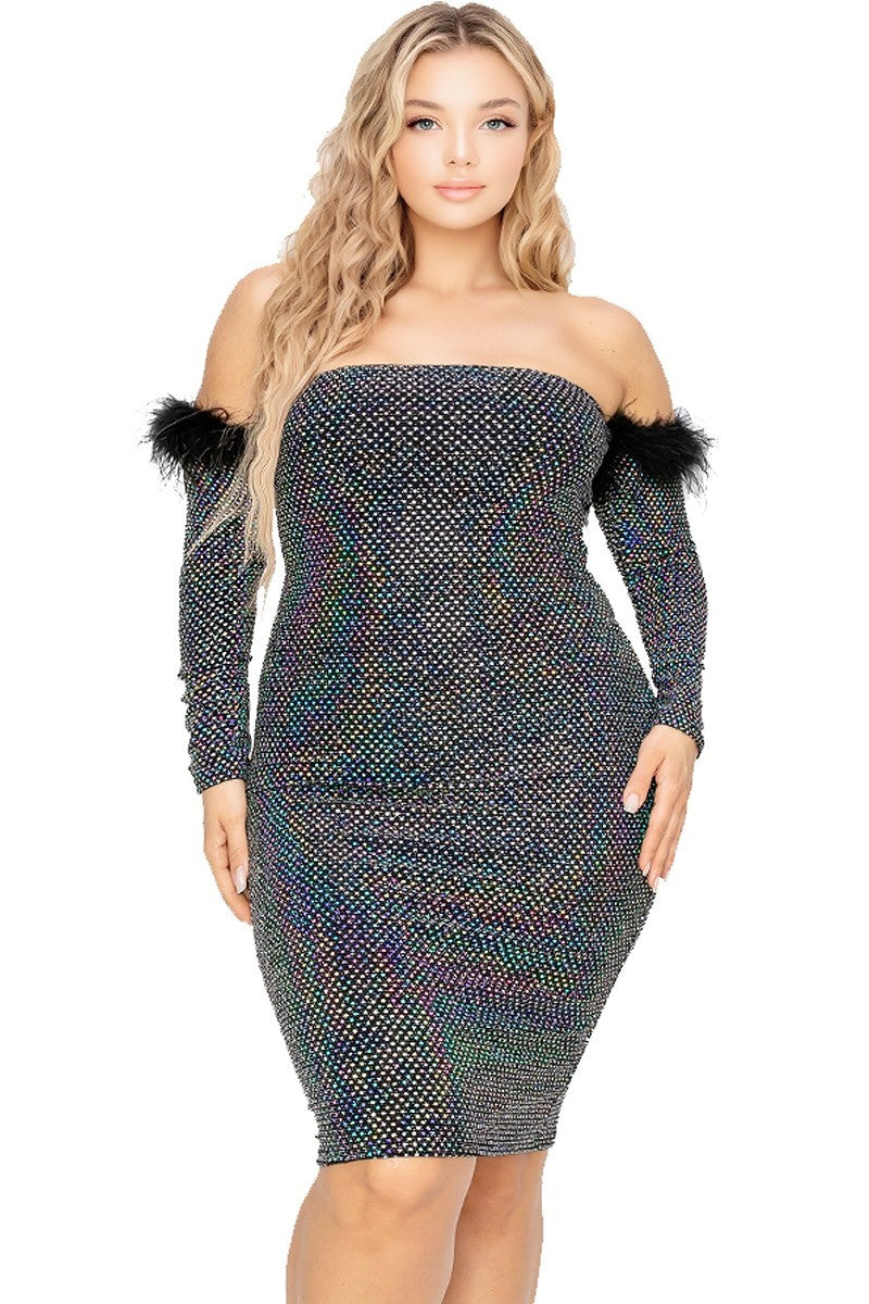 Plus Black/Silver Off Shoulder Feather Trim Detail Sequin Dress