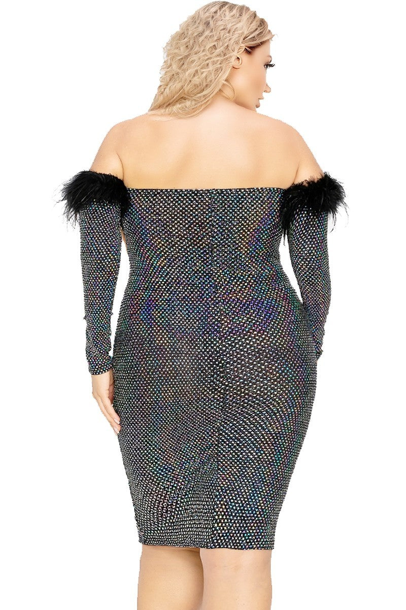 Plus Black/Silver Off Shoulder Feather Trim Detail Sequin Dress