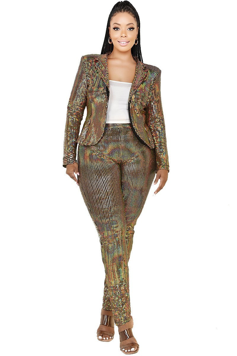 Plus Gold Disco Metallic Sequins 2 Piece Jacket Set