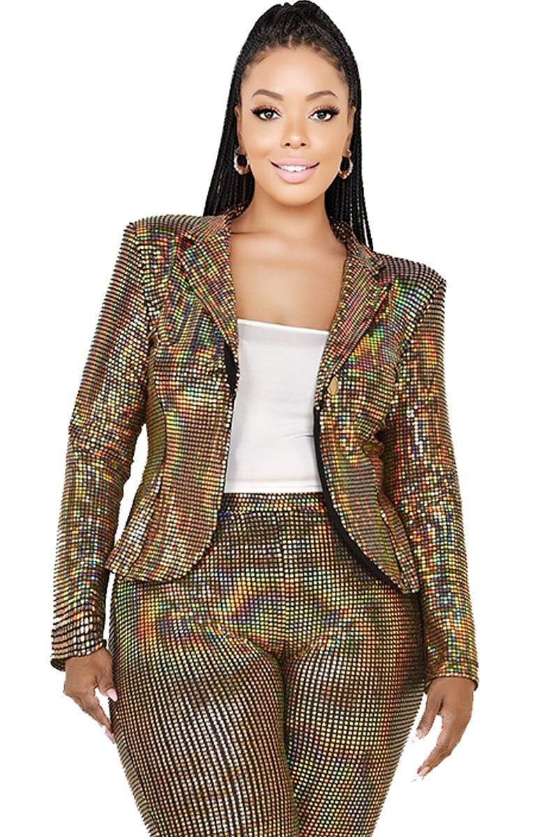 Plus Gold Disco Metallic Sequins 2 Piece Jacket Set