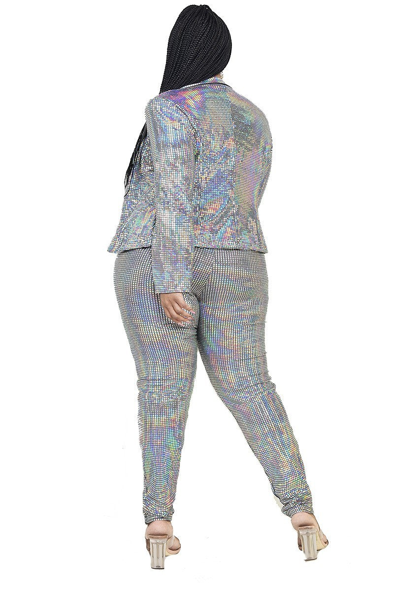 Plus Silver Disco Metallic Sequins 2 Piece Jacket Set