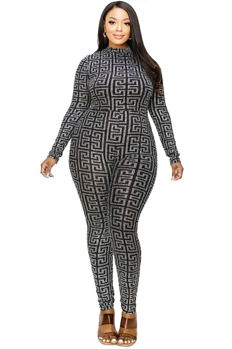 Plus Silver Geo Pattern Glitter Printed Jumpsuit