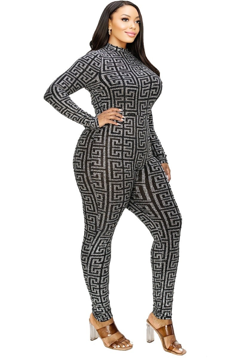 Plus Silver Geo Pattern Glitter Printed Jumpsuit